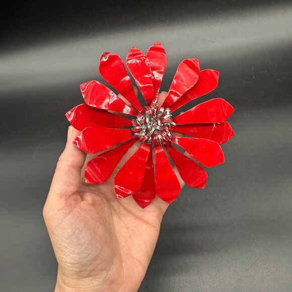 Vintage Christmas Ornament Handmade Red Silver Flower Aluminum Metal Atomic - Picture 7 of 8